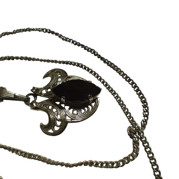 Vintage Silvertone Filigree Necklace Black Marquise Cut Stone Pendant Germany 16 - Picture 4 of 8
